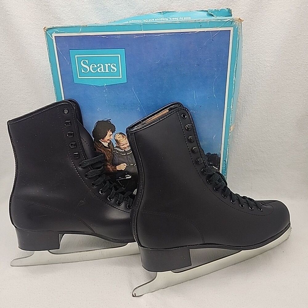 Ice Skates Men's Black Figure in Original Box Size 8 Sears Roebuck Vintage 1950s